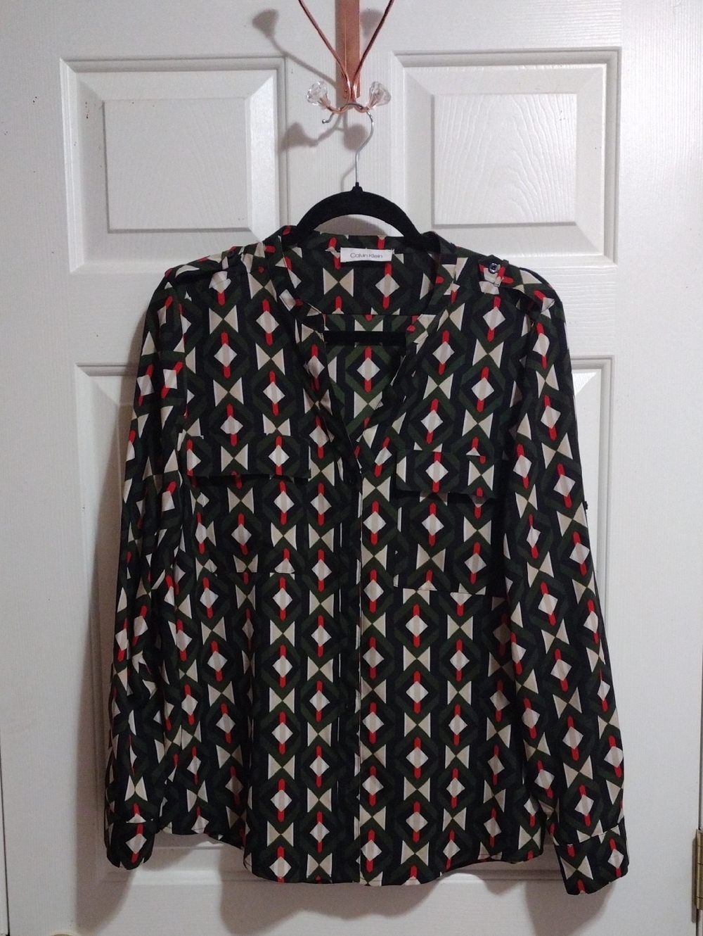 Calvin Klein Black Geometric Print Blouse with Olive & Red Accents medium